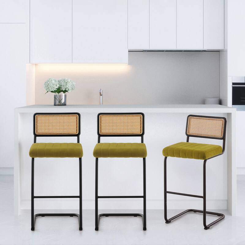 Velvet Upholstered Rattan Counter/Bar Stools, Set of 2/3