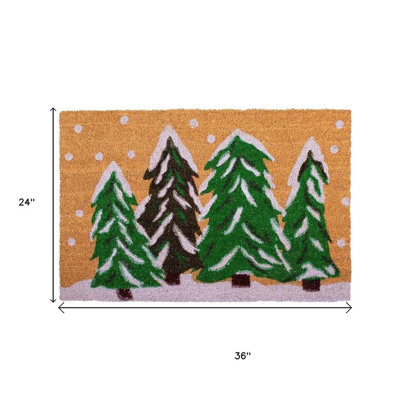 HomeRoots 24" X 36" Brown Green And White Christmas Trees Outdoor Coir Door Mat - 24.00' X '36.00