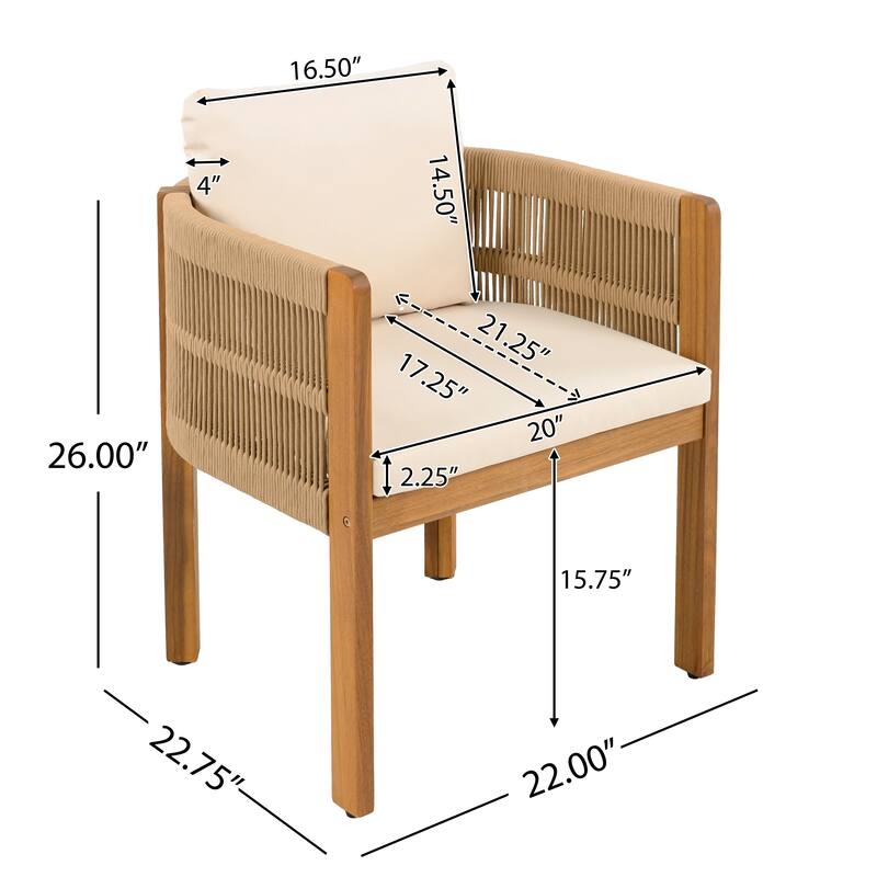 Roomfitters Outdoor Dining Chairs 2-Pack, Acacia Wood Patio Chairs with Rope Weave and Cushions, Weather-Resistant