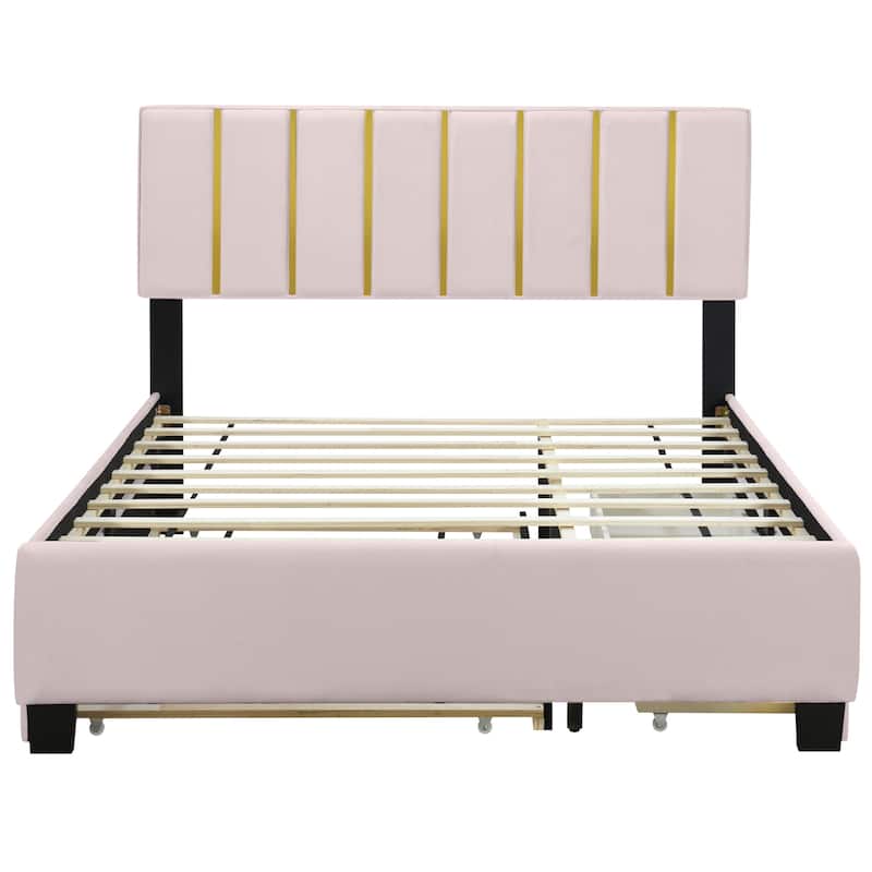 HomeRoots Pink Tufted Velvet Upholstered Queen Bed Frame With Trundle And Drawers