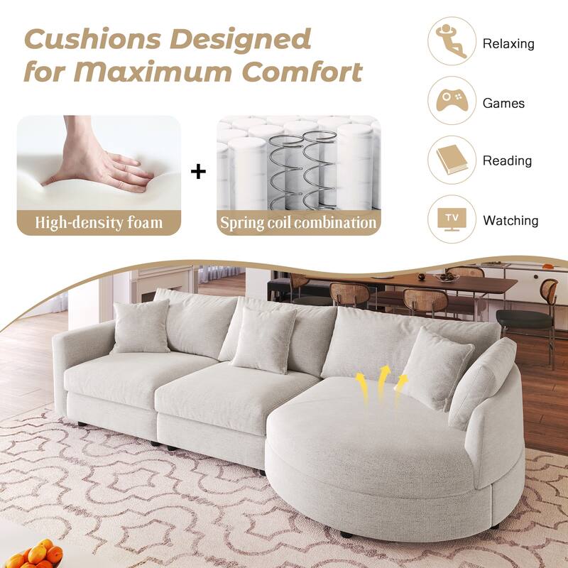 Curved Chaise Sectional Sofa, 105" 3-Piece Chenille Fabric Modular Couch with 3 Accent Pillows