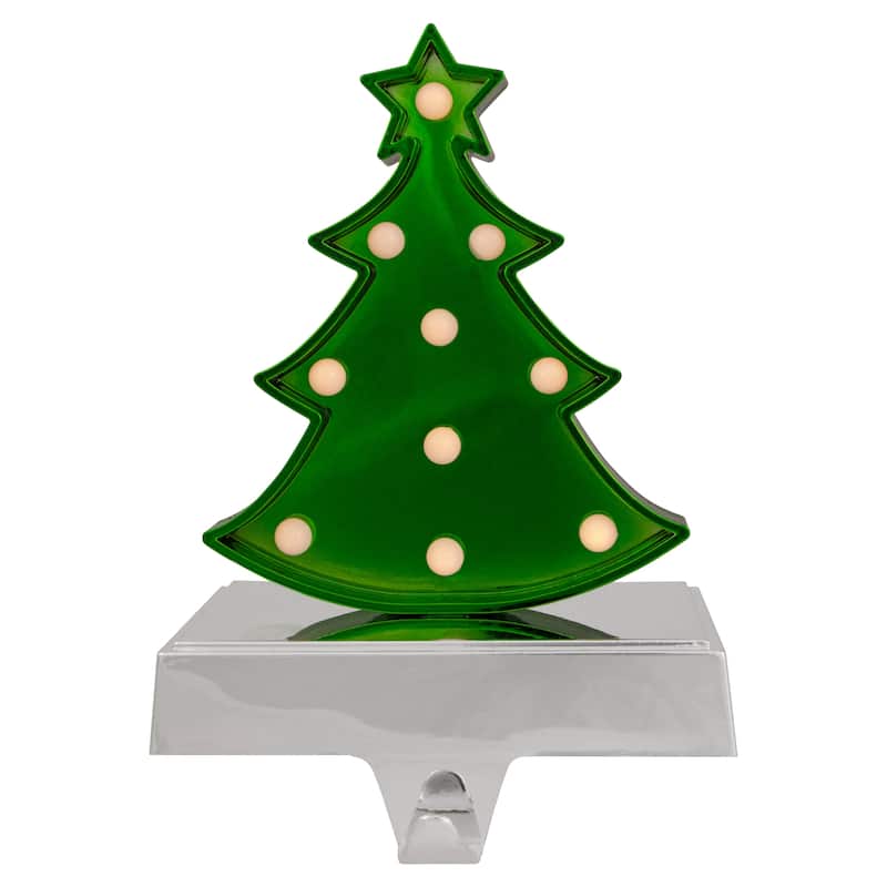 LED Lighted Shiny Christmas Tree Stocking Holder - 7" - Silver and Green
