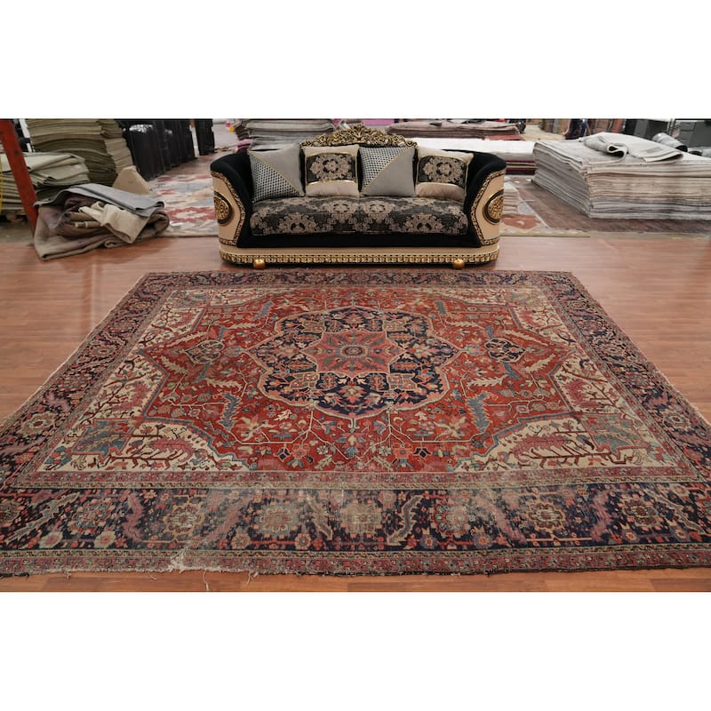 Hand Knotted Oriental 100% Wool Carpet Traditional Floral Red Heriz (serapi) Area Rug - 11' 5'' X 9' 7''