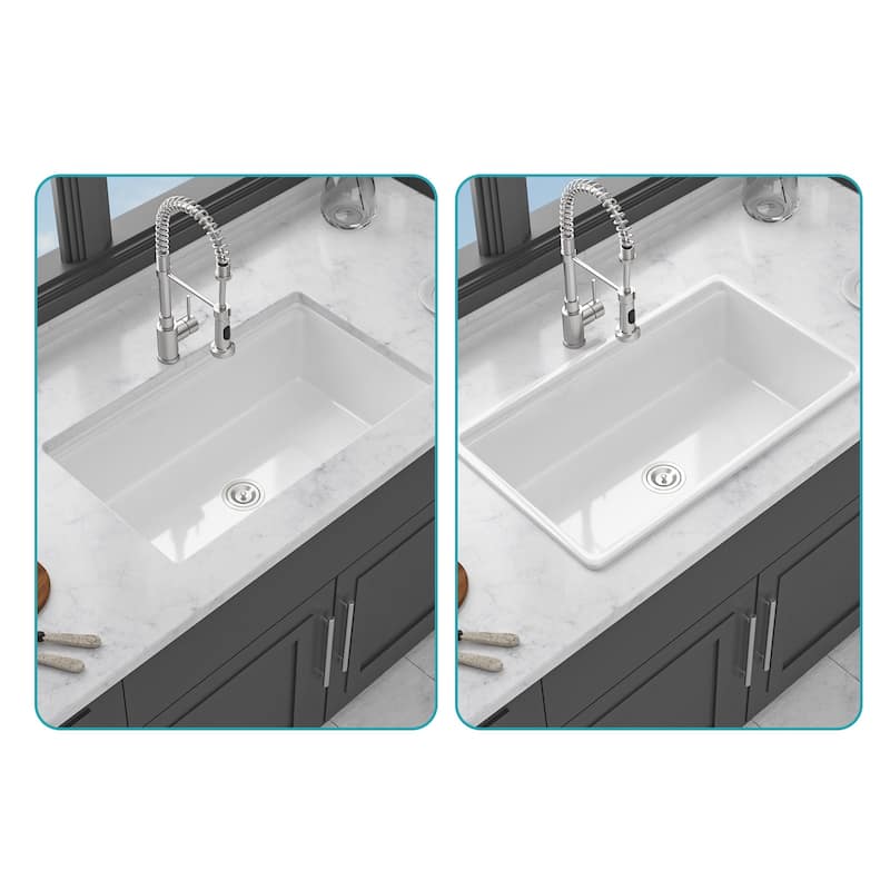 Undermount White Kitchen Sink Workstation - White Porcelain Ceramic Single Bowl Dual Mount Kitchen Sink
