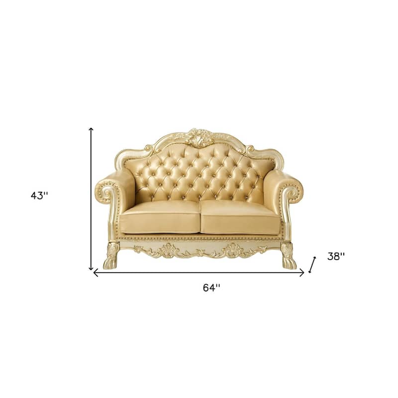 HomeRoots 64" Bone And Gold Faux Leather Loveseat and Toss Pillows - 64.00 in. x 43.00 in. x 38.00 in.
