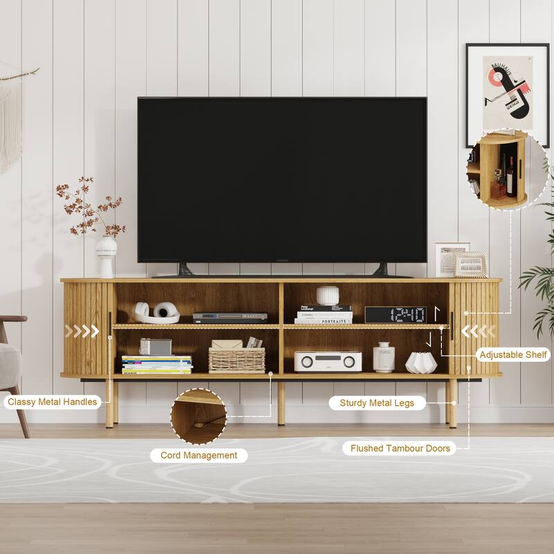 70.1" Modern TV Stand with Sliding Doors and Storage Compartments, Entertainment Console Cabinet