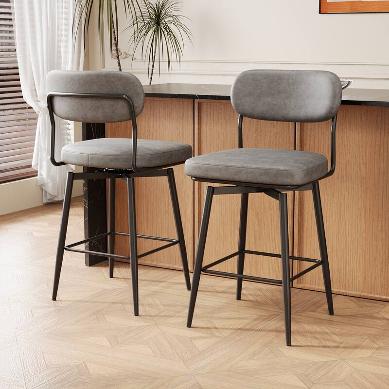 GDFStudio - Brayden Swivel Ergonomic PU Leather Upholstered Back Bar Stools Set, 360 Degree Rotation & Iron Brackets, Set of 2 - Grey - Bar Height