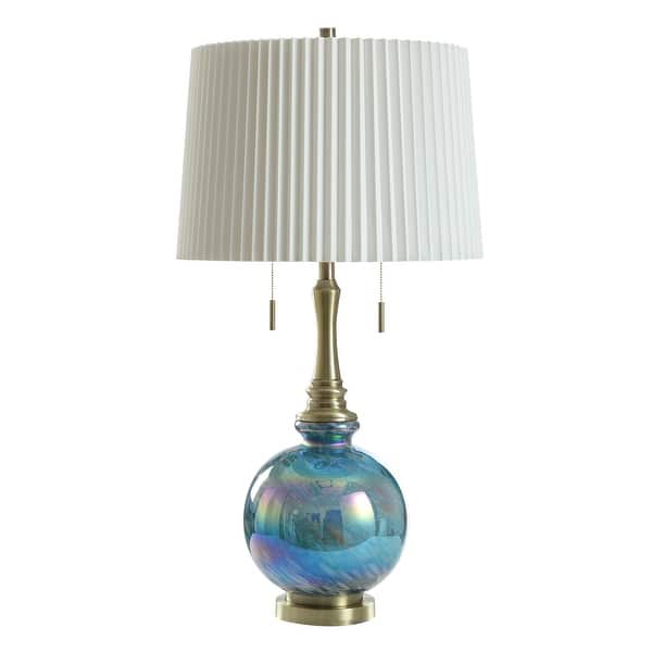 Iridescent Aqua Table Lamp Round Glass Body and Aged Brass