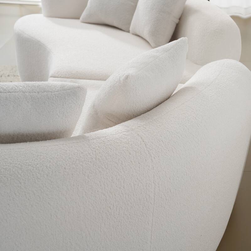 Curved Four Seater White Sofa, Teddy Velvet Fabric, Foam+Spring, Compact for Small Spaces