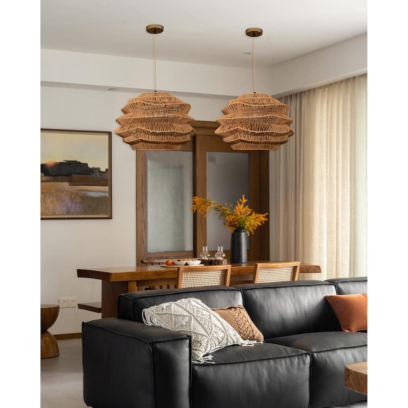 Modern Wicker Rattan Coastal Basket Pendant Light Handwoven - 19" Wide - 19" Wide - Beige