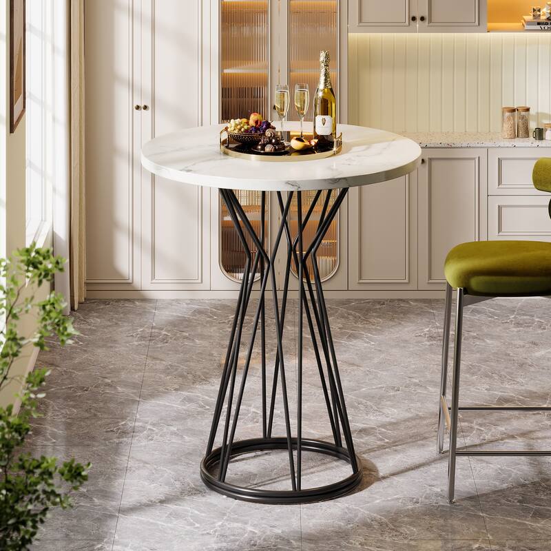 35.4-Inch Tall Modern Round Bar Table, Faux Marble High Top Cocktail Table - white&black
