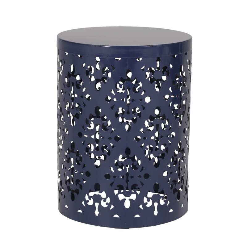 Kemo Outdoor End Table Set of 2, Round Top, Cutout Design, Navy Blue