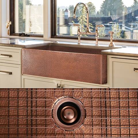 Fossil Blu 33-Inch Heavy 12-GAUGE Medium Patina Copper Farmhouse Sink, Includes Accessories, Flat Front - 33 x 22 x 10