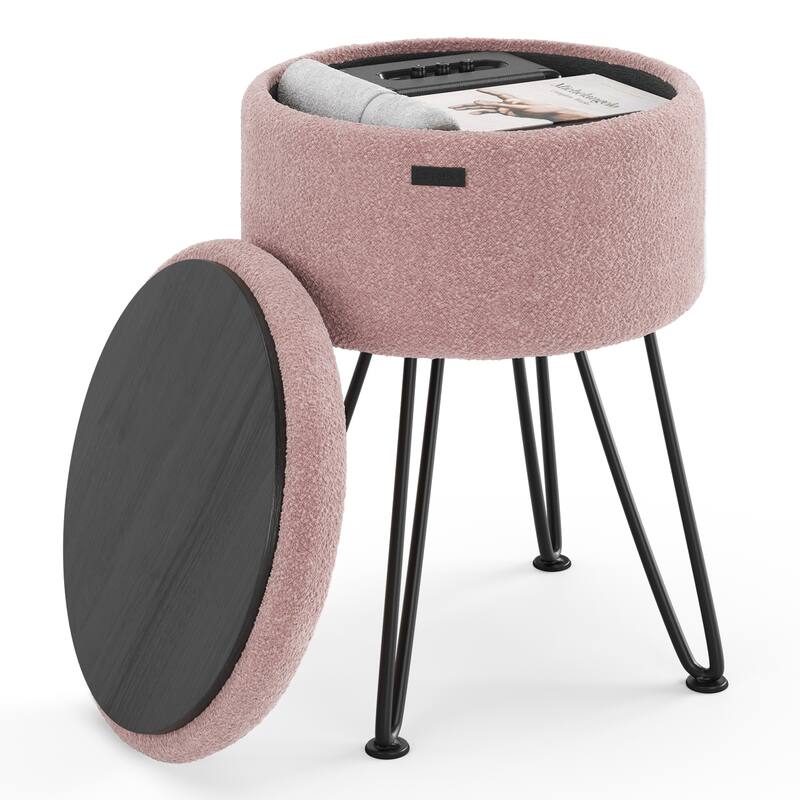 StorageBud Round Ottoman with Storage, Modern Ottomans for Living Room and Bedroom - 17" x 13' - Pink-Black Leg