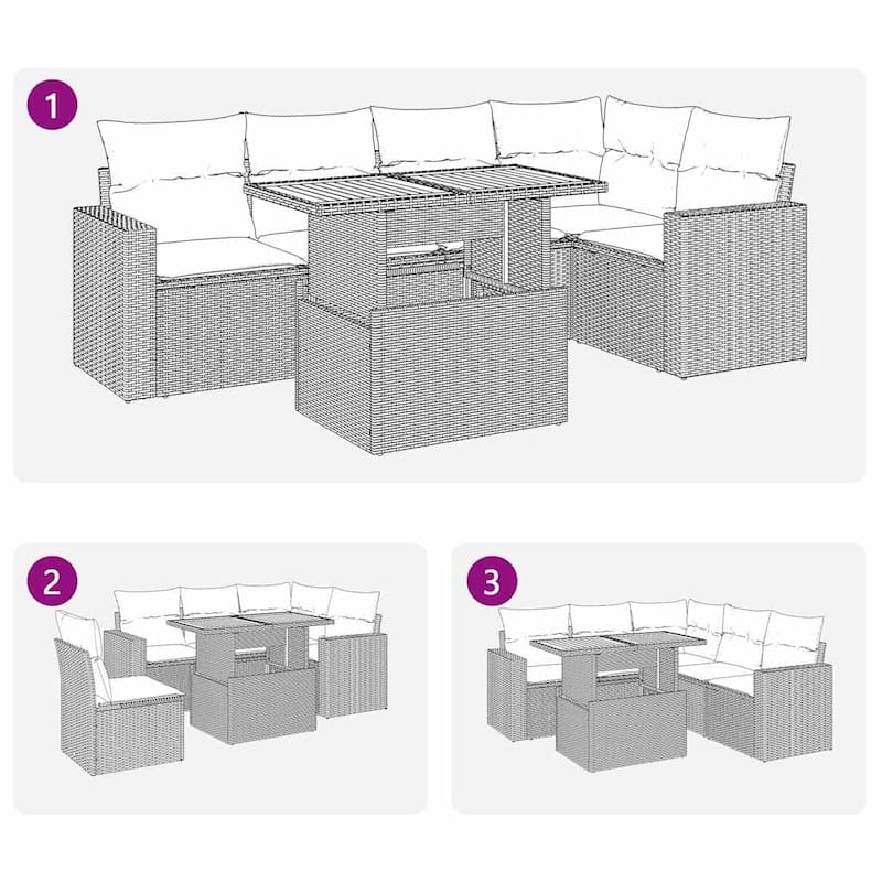 vidaXL 6 Piece Patio Sofa Set with Cushions Black Poly Rattan - 21.7 x 24.4 x 27.2