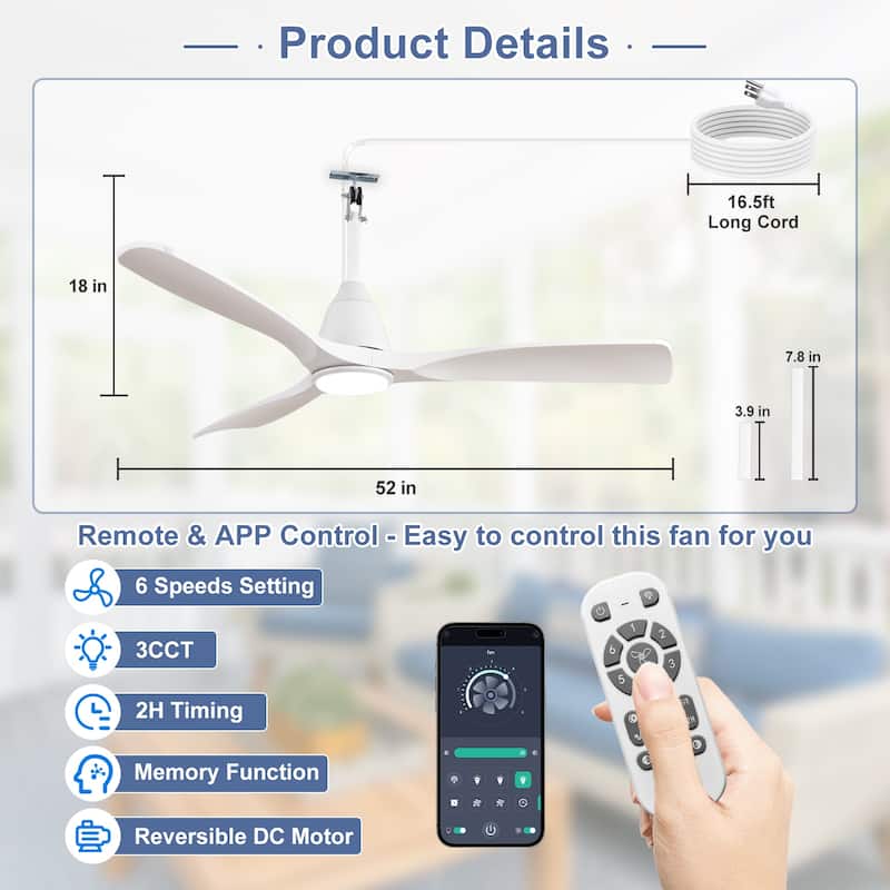 Waterproof Outdoor Ceiling Fan with Light: Plug-in Hanging Fan, Remote App Control, 3CCT, 6-Speed