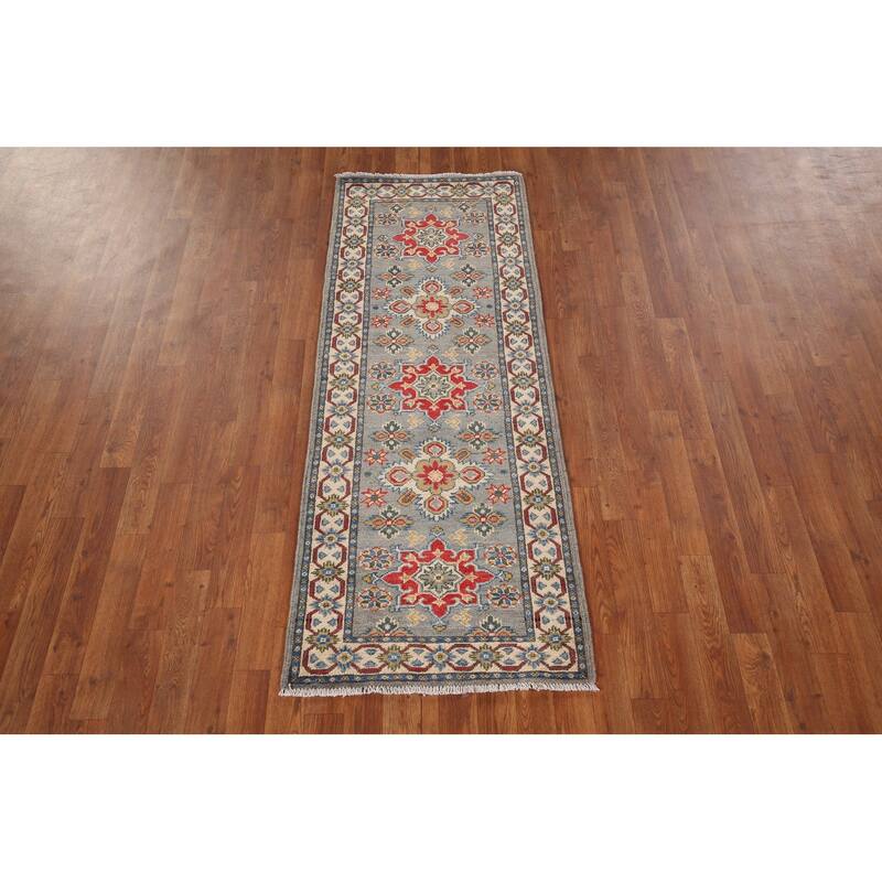 Kazak Oriental Runner Rug Hand-Knotted Grey Wool Carpet - 2'2" x 5'11"