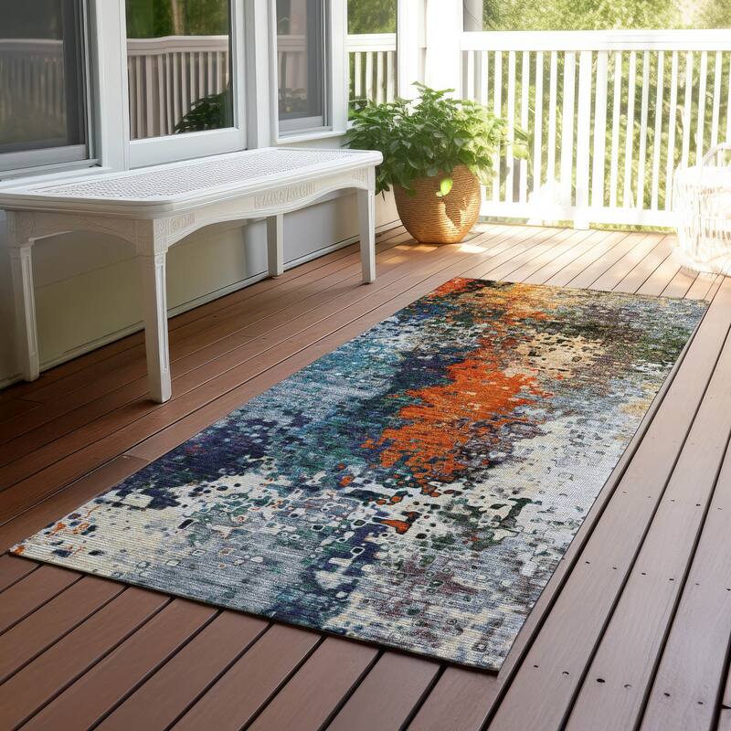 Machine Washable Indoor/ Outdoor Contemporary Abstract Chantille Rug - Blue - 2'3" x 7'6"