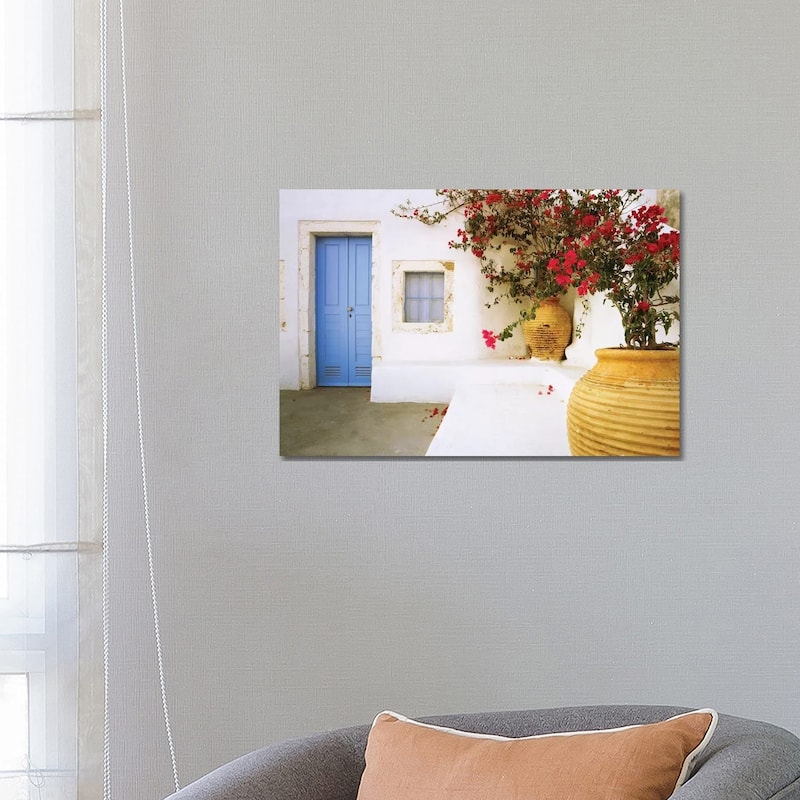 iCanvas "Greece, Santorini. Blue door to house and potted flowers. " by Jaynes Gallery Canvas Print - 18x26x1.5