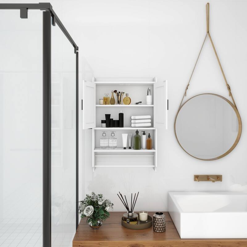 Wall-Mounted Bathroom Cabinet with Adjustable Shelves, Towel Bar, and Paper Holder for Over-the-Toilet Storage