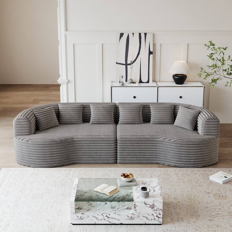 Oversized Modular Curved Sectional Sofa, Comfy Corduroy Upholstered Boneless Cloud Sofa, Memory Foam Floor Sofa with 6 Pillows - Grey
