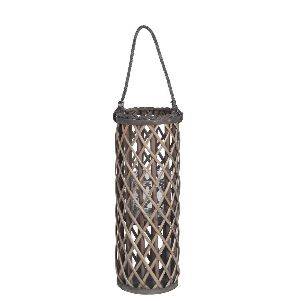 Cylindrical Bamboo Lantern with Lattice Design and Rope Handle, Small, Gray