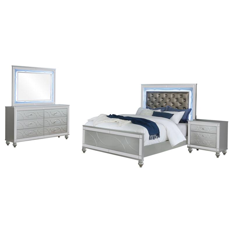 Gina 4pc Queen Bedroom Set, Silver Gray Faux Leather, LED Lights