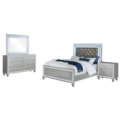 Gina 4pc Queen Bedroom Set, Silver Gray Faux Leather, LED Lights