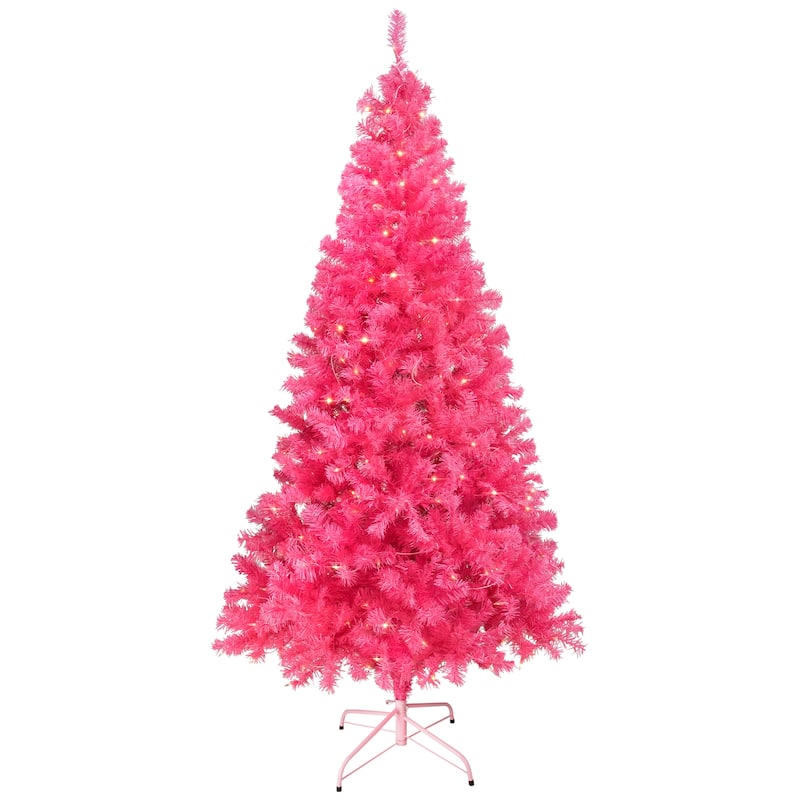 Pre-Lit Artificial Tinsel Christmas Tree - 7' - Pink - Clear Lights - 7 Foot