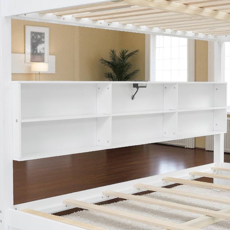 Queen over Queen Bunk Bed with Storage Cabinets, Guardrails and Built-in USB Charging Ports, Solid Wood Frame