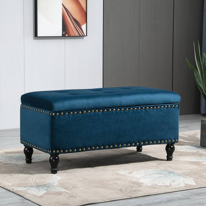 Maypex 38 Inch Soft Velvet Upholstery Storage Bench with Flip Top - 38" - Navy