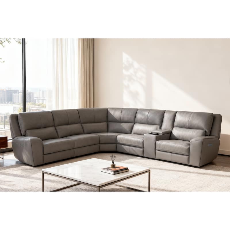 6PCS, 3 power Recliners, Leather Reclining Sectional with Wireless Charge & Pop-Out Cup Holders - Grey