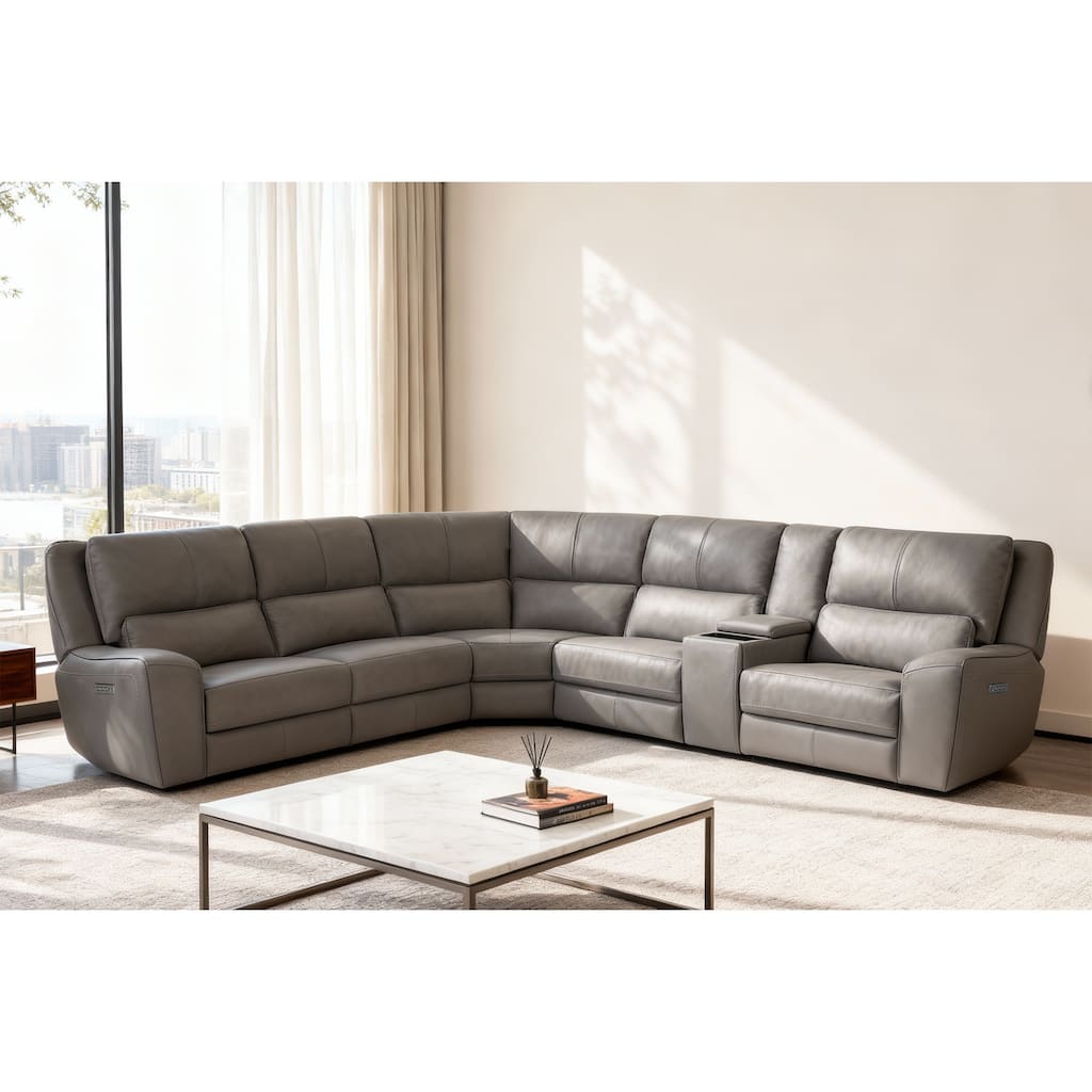 6PCS, 3 power Recliners, Leather Reclining Sectional with Wireless Charge & Pop-Out Cup Holders