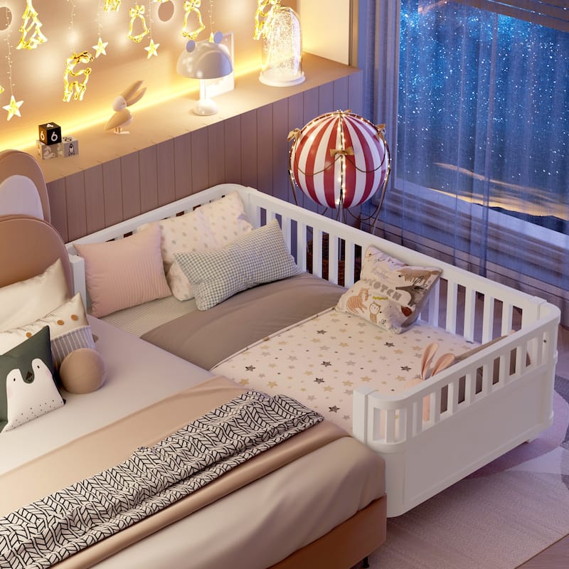 Twin Size Wood Platform Bed w/ Rails for Girls Boys - White