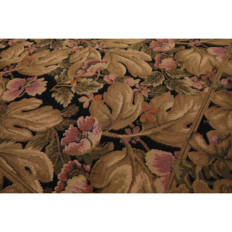 8x10 Hand Woven Wool Black French Aubusson Needlepoint Classic Rug - 8' x 10'