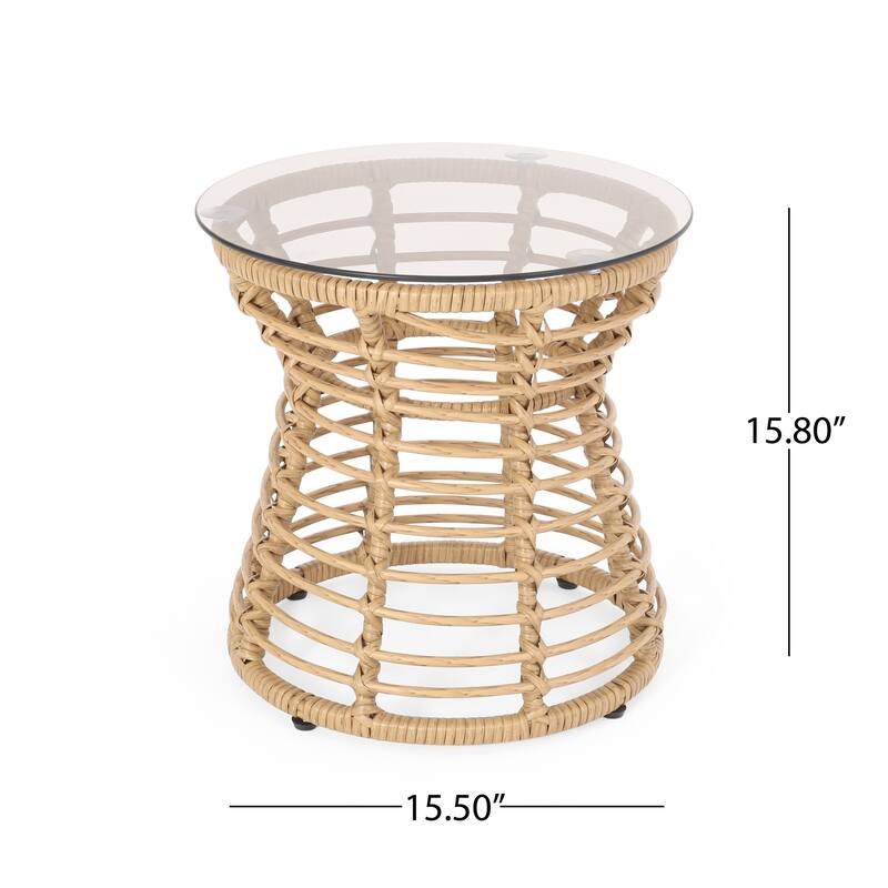 Roomfitters San Pedro Outdoor Boho Wicker Side Table with Tempered Glass Top, Round Patio Accent Table, Light Brown