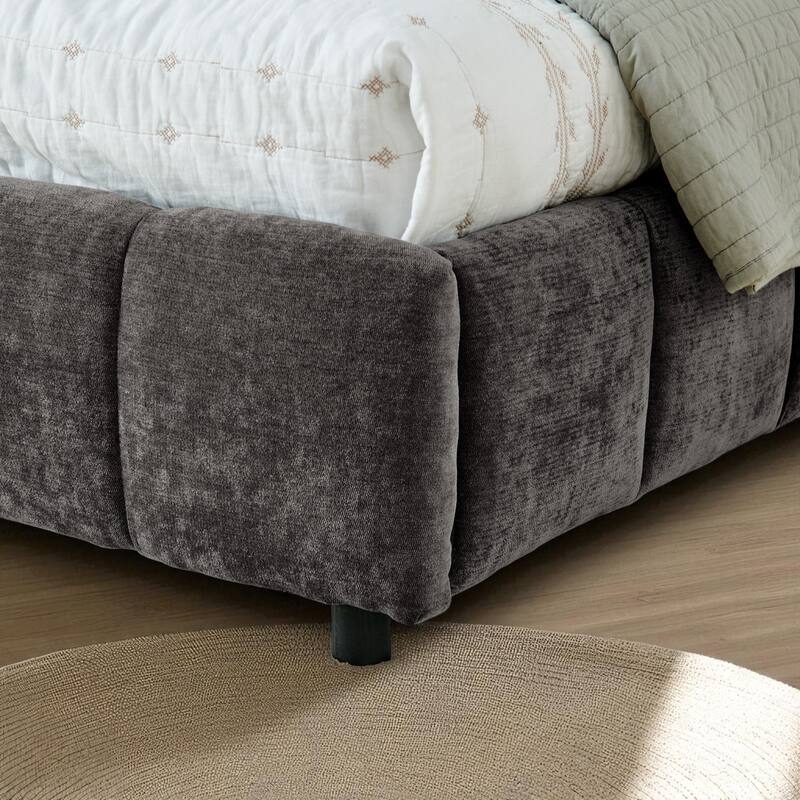 King Upholstered Platform Bed, Chenille Fabric, Headboard, Solid Frame, Under-Bed Storage Drawer, Modern Low-Profile