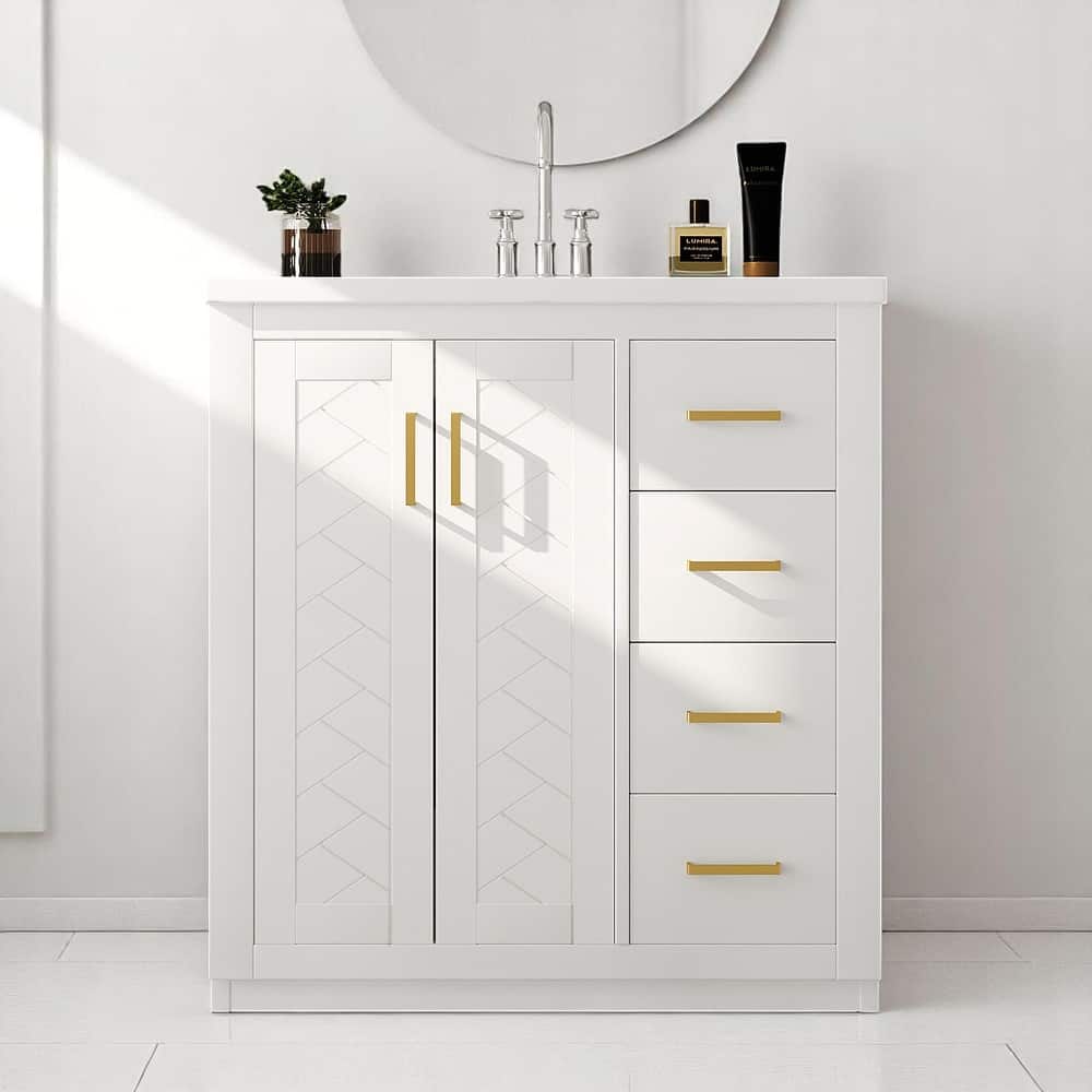 Freestanding 30 Inch Bathroom Vanity with Ceramic Sink, MDF Cabinet with 3 Drawers and Storage Shelf