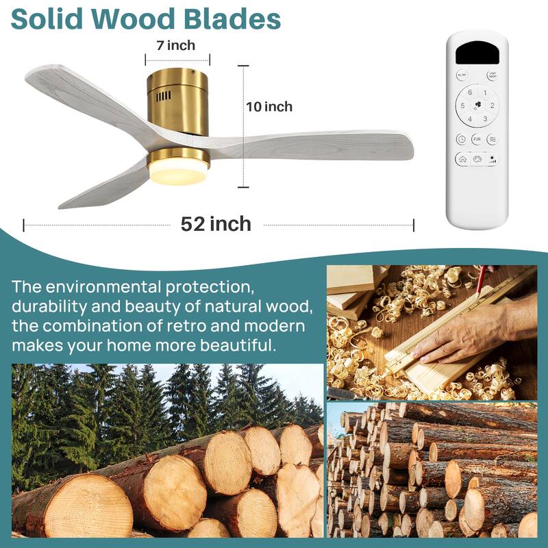 Sofucor 42/52 Inch Low Profile Flush Mount Ceiling Fan with Light,Remote Control,Solid wood/ABS Blades,Reversible Quiet DC Motor