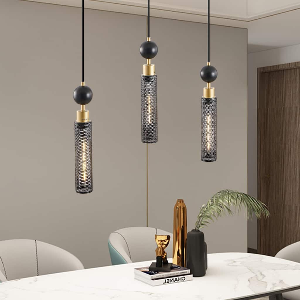 Modern Black and Gold 3-Light Adjustable Pendant Light with Cylindrical Mesh Shades, E26 Base, for Dining Room and Living Room