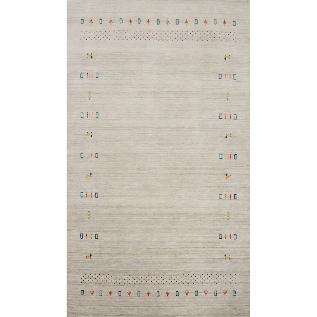 Hand Knotted Oriental 100% Wool Carpet Tribal Animal Pictorial Beige & Ivories Gabbeh Area Rug - 7' 9'' X 5' 0''