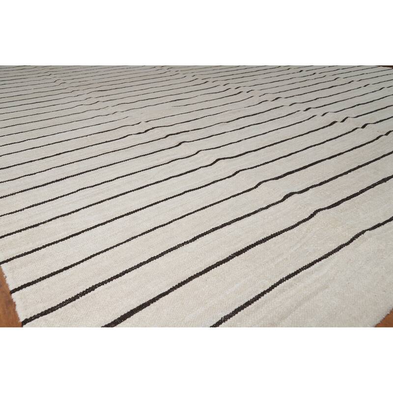 Hand Woven Oriental Cotton Carpet Modern All-Over Beige & Ivories Kilim Area Rug - 13' 3'' X 10' 1''