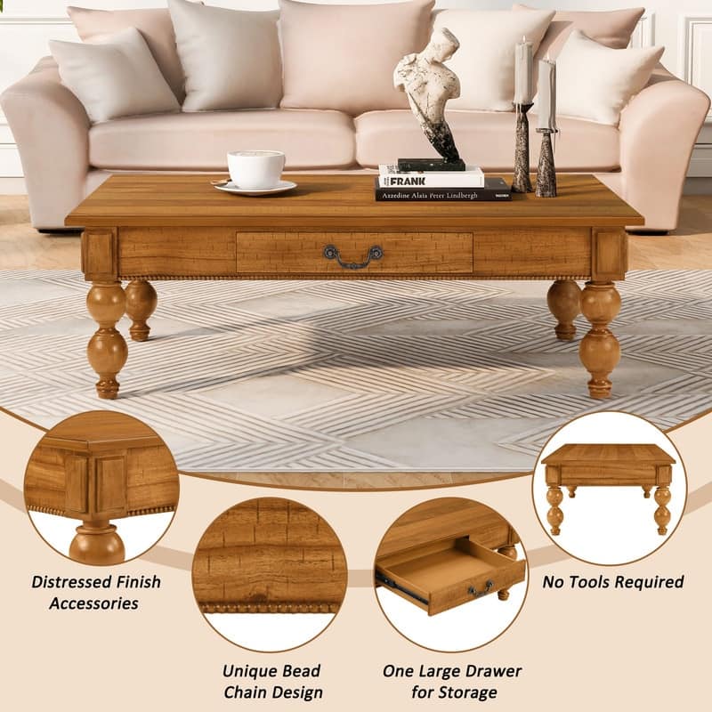 Rectangular 47" Wooden Coffee Table with Storage Drawer, Vintage Cocktail Table with Solid Wood Legs for Living Room Elegance