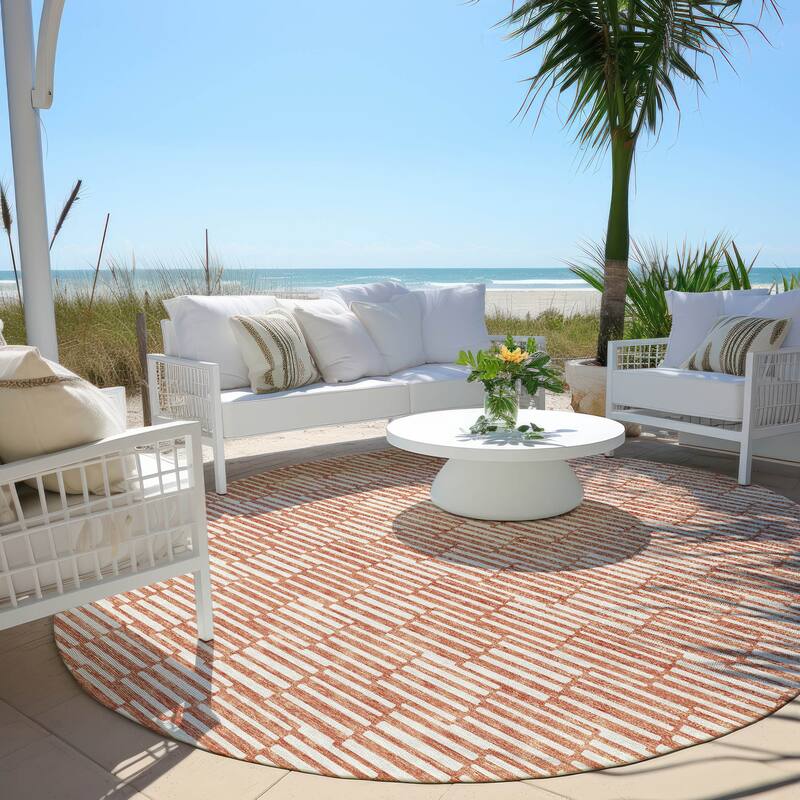 Machine Washable Indoor/ Outdoor Chantille Stripe Blocks Rug - Salmon - 8' x 8'