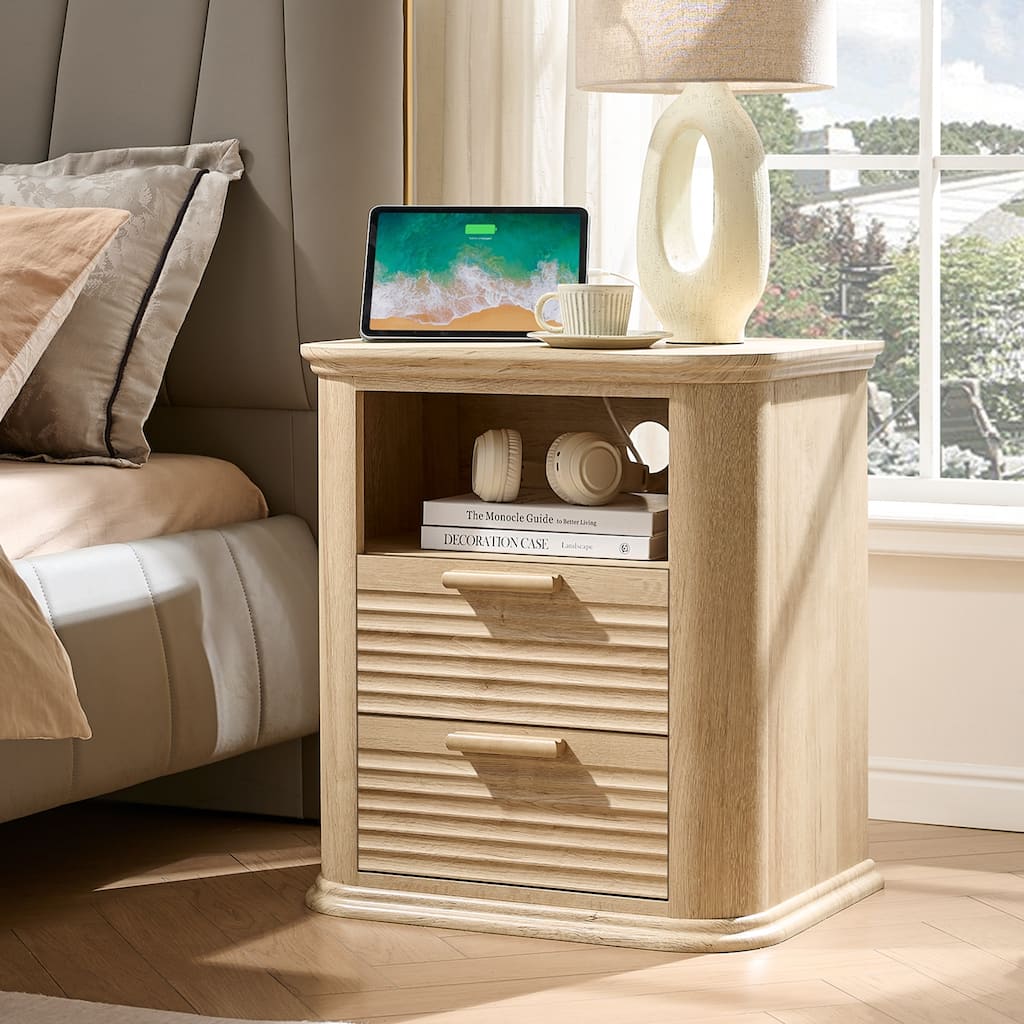 22" Fluted Night Stand with Charging Station, End Table with 2 Drawers & Open Storage, Side Tables Curved Profile Design