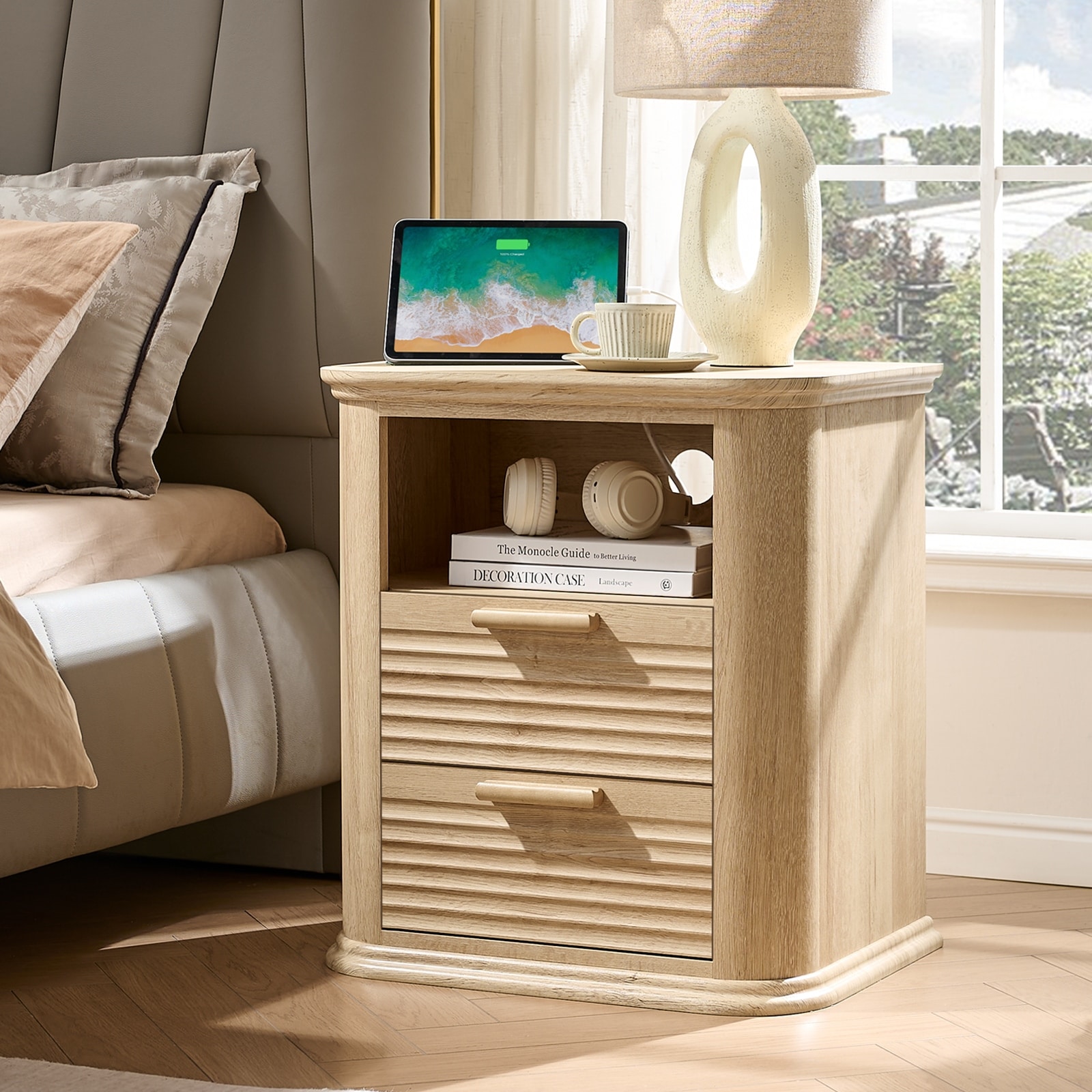 22" Fluted Nightstand with Charging Station, Modern End Table with 2 Drawers & Open Storage