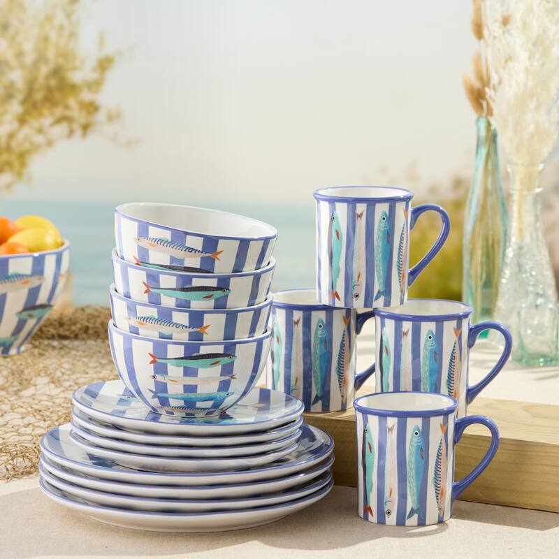 Certified International Something Fishy 16 Piece Dinnerware Set, Service for 4 - 11.00"L x 11.00"W x 1.00"H