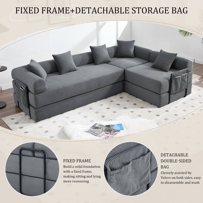 HOMEFUN Corduroy Upholstered Convertible Folding Sofa Bed with Fixed Frame and Pillow Back Handrail