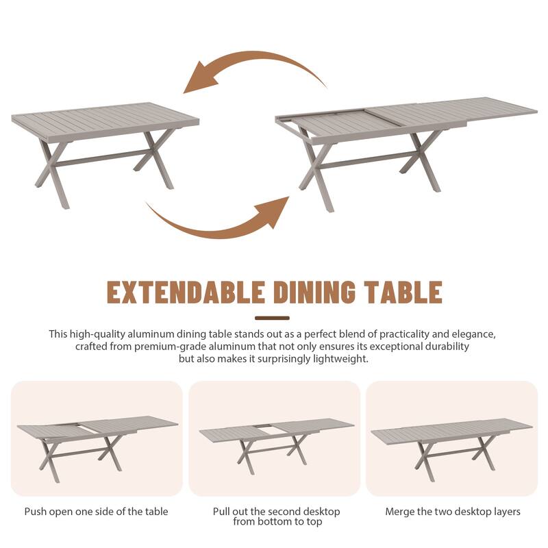 Expandable Aluminum Outdoor Dining Table with 6 Rope Woven Chairs