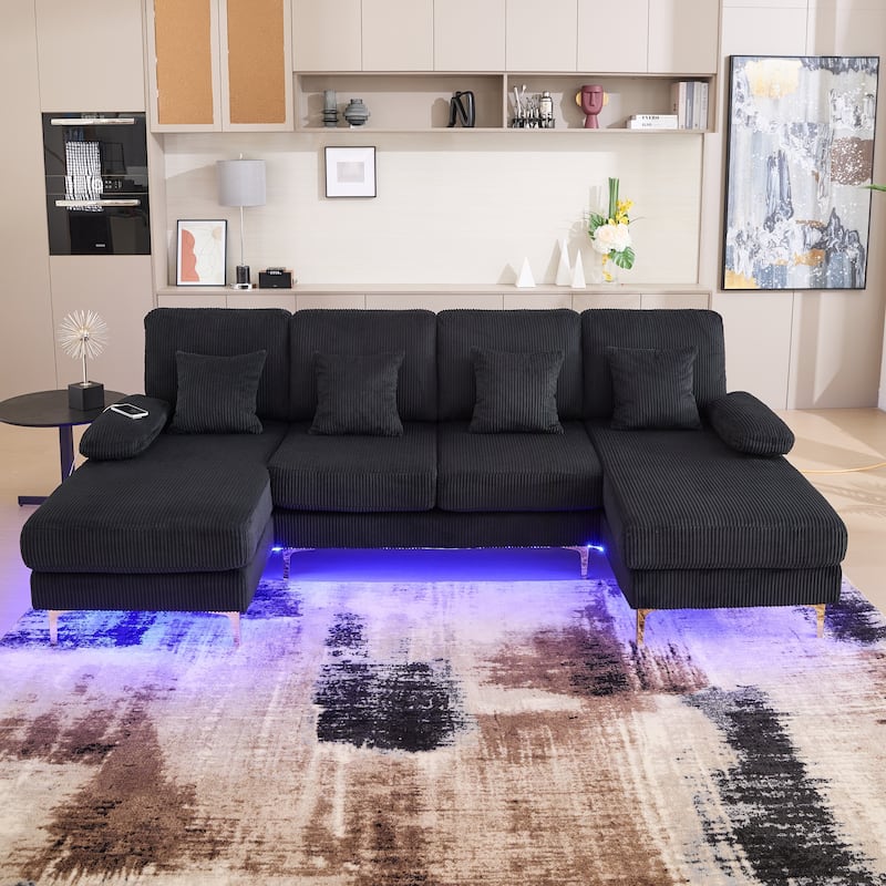 HOMEFUN Corduroy Upholstered U-shaped Adjustable Light Modular Sectional Sofa With Type-C and USB ports - Black